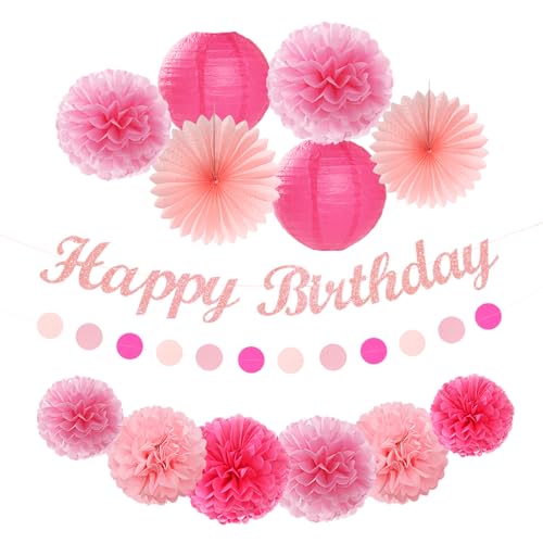 Image of Hot Pink Birthday Party-Decorations Paper-Flowers - 14pcs Happy Banner Girl Lanterns Tissue Pom Poms,Women Streamers Garland Fans,21st 18th Princess Baby Sweet 16 Pretty Hanging Supplies Decor Hugfond