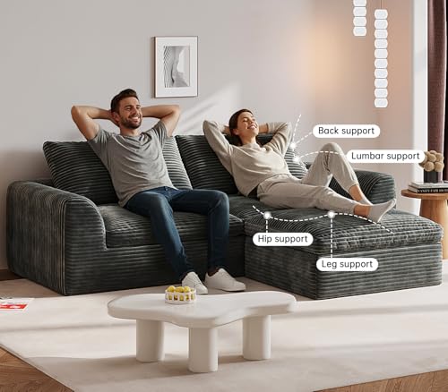 Image of Boneless Couch 91 inch Cloud Sofa 3-Seater Sectional Couches for Living Room, L-Shape Sofa with Ottoman, Comfy Flannel Fabric Oversized Loveseat Recliner Lounge Chaise with 2 Throw Pillow