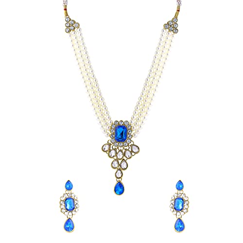 Image of Yellow Chimes Jewellery Set for Women and Girls White Beads Necklace Set for Women | Gold Tone Blue Crystal Choker Necklace Set | Birthday Gift for girls & women Anniversary Gift for Wife