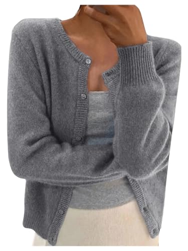 RoseSeek Women's Ribbed Knit Cardigan Long Sleeve Crewneck Button Down Lightweight Cardigan Sweater Trendy Light Grey Small