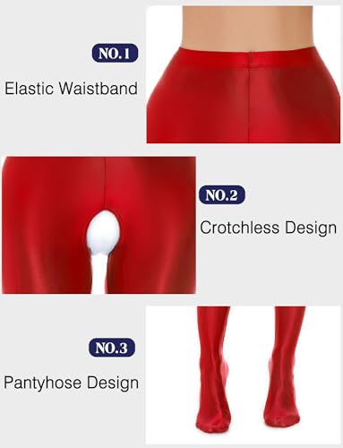 Image of FEOYA Women's Open Crotch Oil Shiny Pantyhose High Waist Control Top Silky Oily Crotchless Footed Tights Stockings
