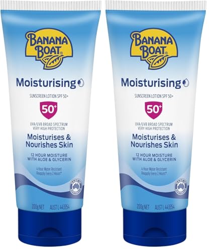 BANANA BOAT Moisturising Sunscreen Lotion SPF50+ 200g, Skin feels Moisturised and Nourished, UVA + UVB Broad Spectrum, Non-Greasy, 4-Hour Water Resistant, Made in Australia (Pack of 2)