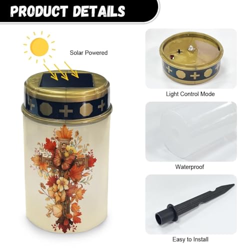 Image of Floral Cross LED Solar Lights for Patriotic Landscape Waterproof Solar Light Waterproof Solar Power Light Flameless Candle for Cemetery Grave Memorial Decor 2 Pcs