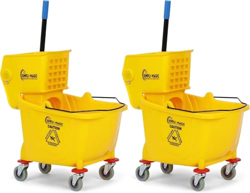 Image of SIMPLI-Magic Side Press Wringer Combo Commercial Mop Bucket on Wheels, 2-Pack, 35 Quart, Yellow, Including Wet Floor Caution Sign and Mop Set, Polyethylene