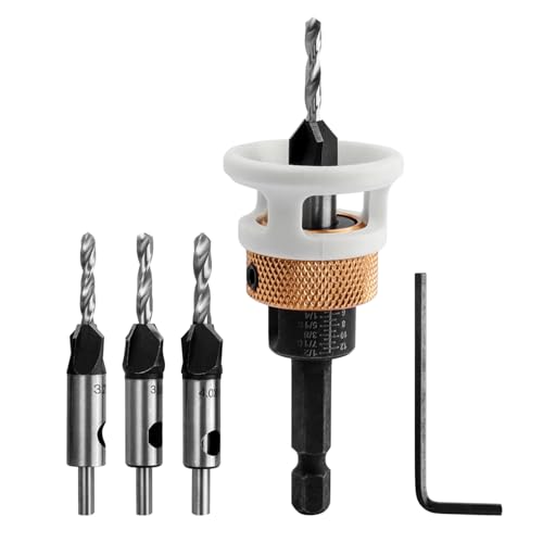 Mesee 4Pcs Countersink Drill Bit Set, 2.8/3.2/3.6/4.0mm Carbide Tapered Pilot Drill Bits with Low Friction Depth Stop & Allen Wrench 1/4'' Hex Shank Counter Bore Sink Bits Woodworking Tools