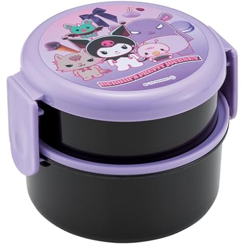 Skater Kuromi 2 Tier Round Bento Lunch Box with Folk (17oz) - Authentic Japanese Design - Microwave Safe -Kuromi's Pretty Journey Cover