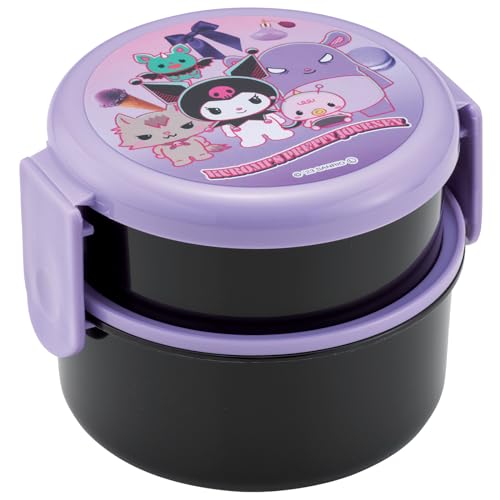 Skater Kuromi 2 Tier Round Bento Lunch Box with Folk (17oz) - Authentic Japanese Design - Microwave Safe -Kuromi's Pretty Journey