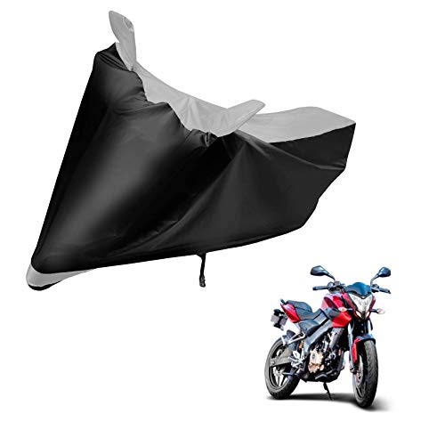 Image of Auto Hub Bike Cover Compatible with Bajaj Pulsar AS 200 with Mirror Pocket, Dustproof, Heat Resistant, Triple Stitched, Pulsar AS 200 Bike Cover- Black, Silver