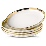 LETAOTAO Dinner Plates, Ceramic dinner Plate Set of 4, 10 inch White Serving Plates with gold trim, Stripe Texture Back, Large Pasta and Salad Plates, Dishes Set with Lipped Edges for Kitchen