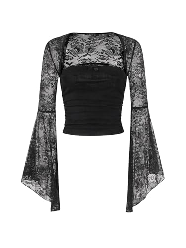 Verdusa Women's Goth Bell Sleeve Square Neck Ruched Blouse Y2K Lace Tops
