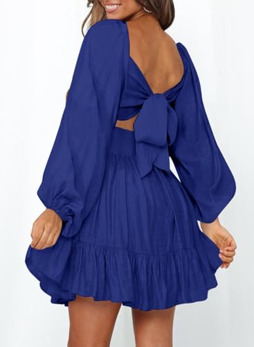 Image of Dokotoo Womens Dress Lantern Sleeve Elastic Waist Tie Backless Mini Dress | Square Neck,Off Shoulder,Flowy,Ruffle A-Line,Casual,Mini Dress,Beach Vacation Clothes,Fall Outifits,Wedding Guest,Boho