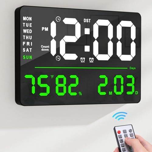 Image of 15-Inch Digital Wall Clock with Large LED Display - Remote Control, Auto-Dimming, Night Light, Date, Day, Temperature, DST Function - Ideal for Living Room, Bedroom (Square Green)