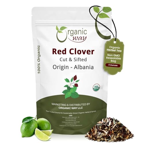 Organic Way Red Clover Flower Cut & Sifted (Trifolium Pratense) Herbal Tea | European Wild-Harvest | Organic & Kosher Certified | USDA Certified | Origin - Albania (1/4LBS / 4Oz)