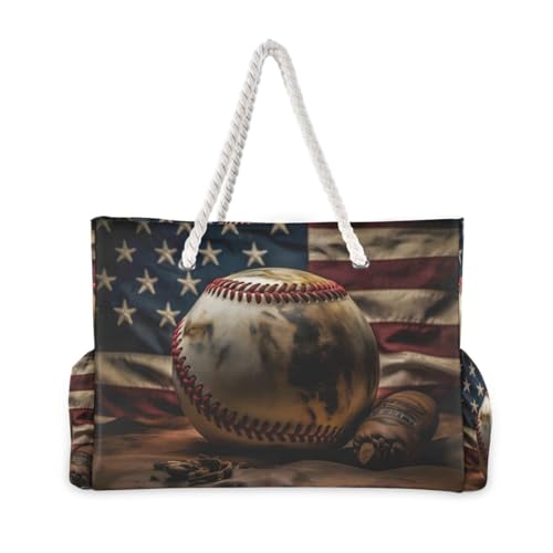 Baseball and American Beach Bag for Women Large Beach Tote Bag with Zipper for Travel Vacation