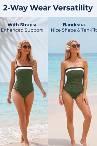 Image of Daci Women Strapless Tankini Tummy Control 2 Piece Bandeau Swimsuit | Full Coverage,Removable&Adjustable Straps,Built-in Soft Unremovable Bra,Ruched Tummy Control,Mid Waist Bottom,Fully Lined