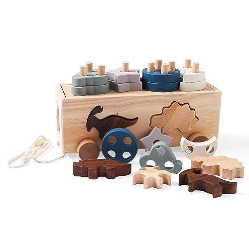 Image of Montessori Toys for 1 2 3 Years Boys Girls Birthday Gift, Wooden Stacking Toys Preschool Learning Fine Motor Skills Game for Toddlers - Wood Car & Dinosaurs, Silicone Shape Sorter & Color Stacker