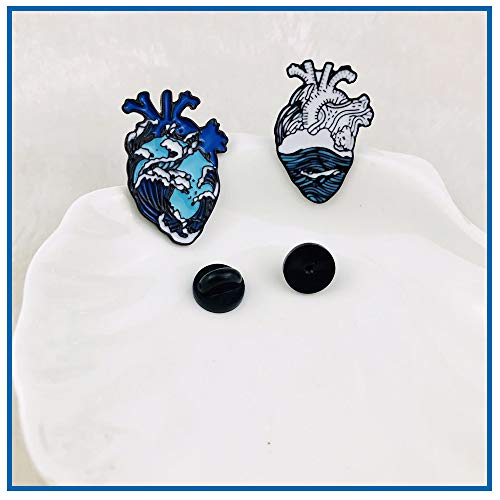 KOOBOOK 2Pcs Blue Romantic Ocean Wave Whale Brooch Human Heart Enamel Pin Lapel pins Heart Anatomy Badges2