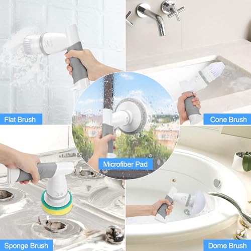 Image of Electric Spin Scrubber, Shower Scrubber with Handle, Waterproof Portable Bathroom Cleaner Brush, Cordless Electric Cleaning Brush with 5 Replaceable Brush Heads for Floor Tile Tub Wall Window Kitchen
