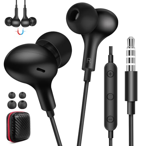 Wired Earbuds Noise Cancelling 3.5mm Headphones for PC School Computer, Ear Buds Wired with Mic Magnetic Plug in Earphones Corded for Samsung A25 A15 A12 A03s S10 A71 Moto Switch MP3 Laptop, Black