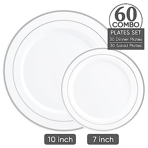 Focusline FL60PLATE-S Silver Plastic Plates Set Of 60, Disposable Plates With Silver Rim 30 Dinner Plates 10 Inch And 30 Salad Dessert Appetizer Plates 7", Elegant Fancy Heavy Duty Wedding Party Plates thumb #1