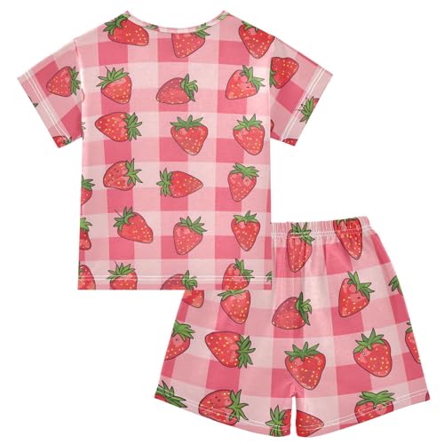 ALAZA Cartoon Strawberry Plaid Stylish Pajamas Short Sleeve 2 Piece Sleepwear Top and Bottom Pajama Set Unisex2