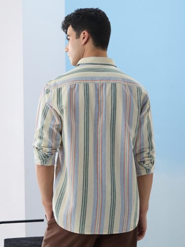 Image of The Souled Store Cotton Linen Stripes: Apricot Men and Boys Long Sleeves Collared Neck Orange Stripes Regular Fit Lightweight Comfortable Summer Cotton Linen Shirts