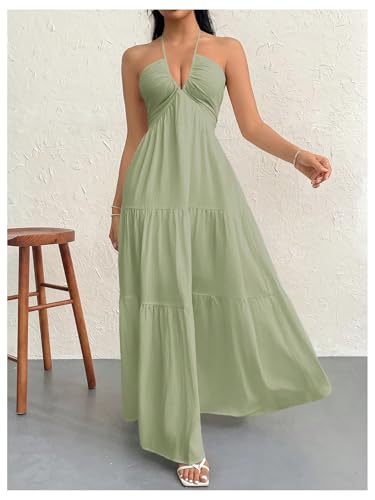 Image of SHENHE Women's Deep V Neck Tie Knot Backless Halter Dress A Line Flowy Ruffle Maxi Dress