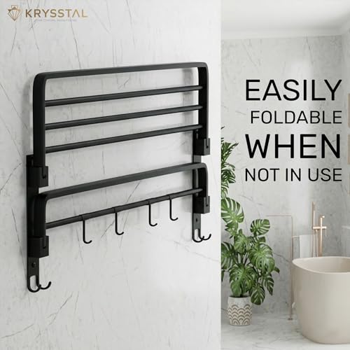 Image of Towel Holder in Bathroom - Towel Hanger for Wall,TwinFlex 304 Stainless Steel Foldable Towel Rack, Rustproof Wall Mounted Bathroom Shelf with Hooks, Heavy Duty Bathroom Accessories,24 Inch, Black