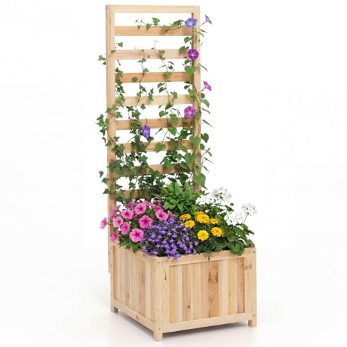 COSTWAY Blumenkasten mit Rankgitter, Pflanzkasten für Kletterpflanzen, Pflanzkübel mit Sichtschutz, Hochbeet mit Spalier, Liner & Ablauflöchern, Blumenkübel für Garten Balkon, Holz, 123 cm hoch, Natur
