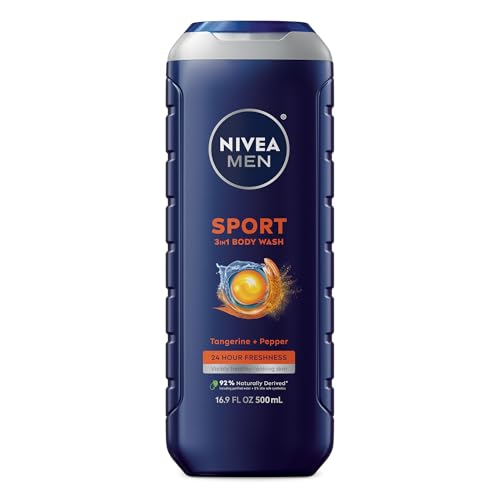 NIVEA Men Sport Body Wash with Revitalizing Minerals, Tangerine and Pepper Scent, 3-in-1 Men's Body Wash, Face and Hair, Paraben Free, Vegan Formula, 16.9 Fl Oz Bottle