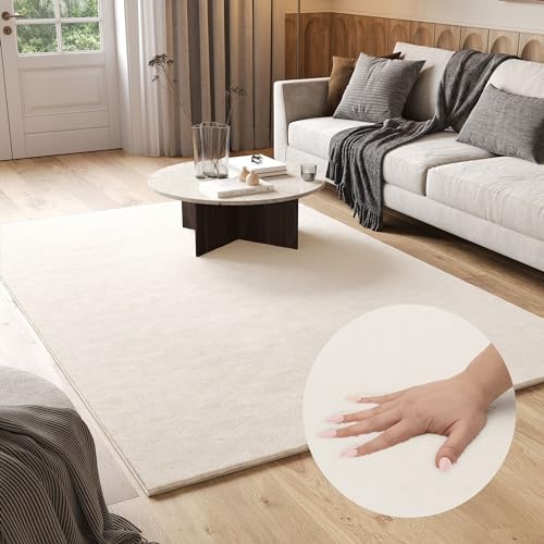 TAPISO Cuddle Teppich Hochflor Langflor Creme Shaggy Einfarbig rutschfest Waschbar Wohnzimmer...