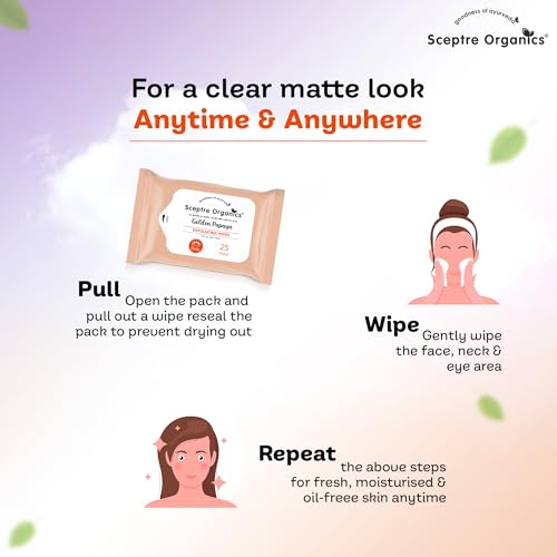 Image of Sceptre Organics Golden Papaya Exfoliating Facial Wipes | Gentle Exfoliation With Honey | Removes Dirt,Oil & Makeup | Alcohol-Free, Travel-Friendly | Pack of 3 (75 Wipes)