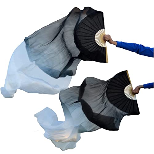 Women 1 Pair(Left+Right) 180 * 90 CM Belly Dance Fan Veil Silk (Black white) image 5