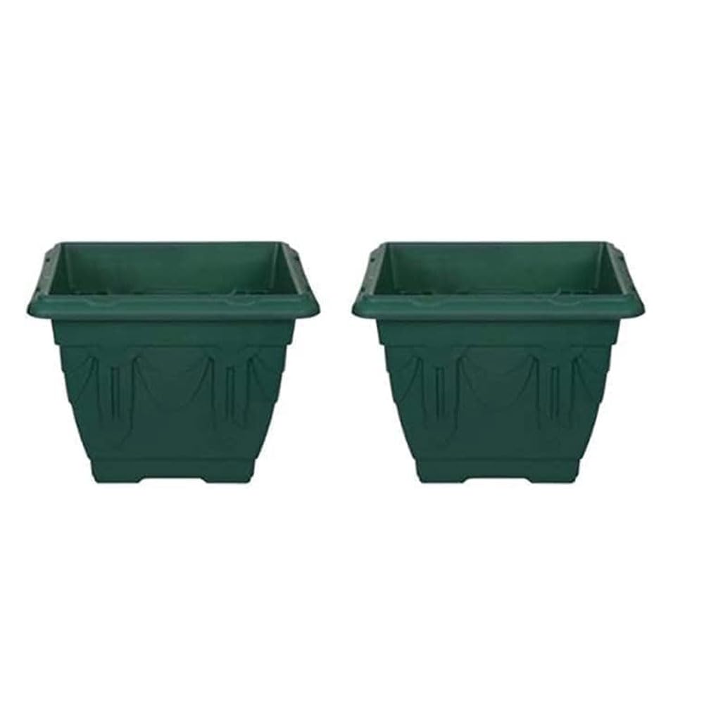 shopior Square Planters for Indoor & Outdoor Spaces| 38cm Large Plastic Garden Flowers, Herbs, and Decorative Plant Pots- Patio or Home Decor | Durable Garden Planters for Flowers & Plants (2, Green)