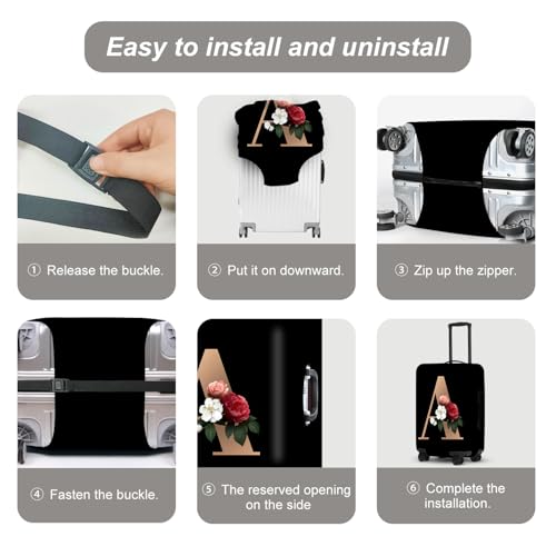 Image of Floral A lphabet Luggage Cover Set, Vintage Letter Print Waterproof Suitcase Protector, Travel Accessories for Women Men