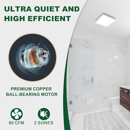 Ventilador de baño Akicon con luz y interruptor regulador, ventilador extracto para baño 80CFM 2.0 sones, luces LED regulables 3CCT de 15W y luz nocturna de 3.5W, cuadrado, plateado miniatura 2