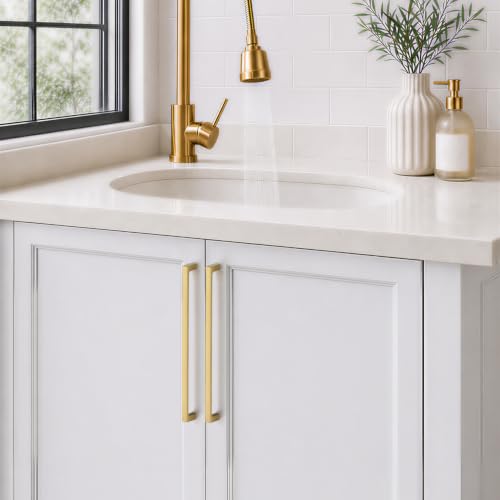 Image of Ravinte Brushed Gold Kitchen Cabinet Solid Handles,10 Inch,5 Pack | Solid Zinc Alloy, Modern Slim Style, Square Design, Deep-Thread Firm Base, Screws Included, for Kitchen Drawers & Cupboards