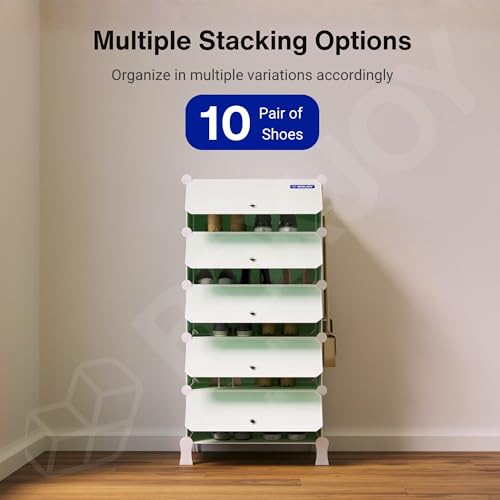 Image of BOXJOY 5 Shelf Plastic Shoe Rack with 5 Doors & 5 Hook Steel Holder (Green) | Shoes Stand Organiser with Feet, Metal Frame Door & Wooden Hammer for Home Storage to Cover Chappal Slipper Sandals
