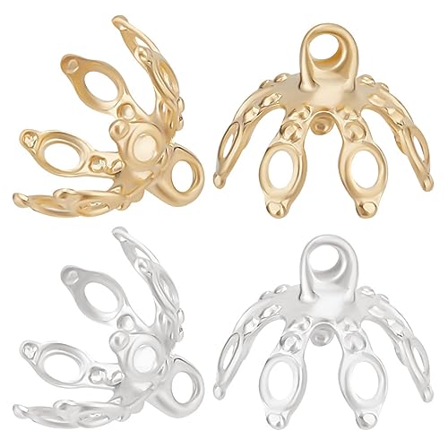 Beebeecraft 80Pcs 2 Colors Flower Bead Caps 24K Gold & 925 Sterling Silver Plated Filigree Bell Bead Cap Bails End Charm for Bracelet Necklace DIY Jewellery Making Crafts Supplies