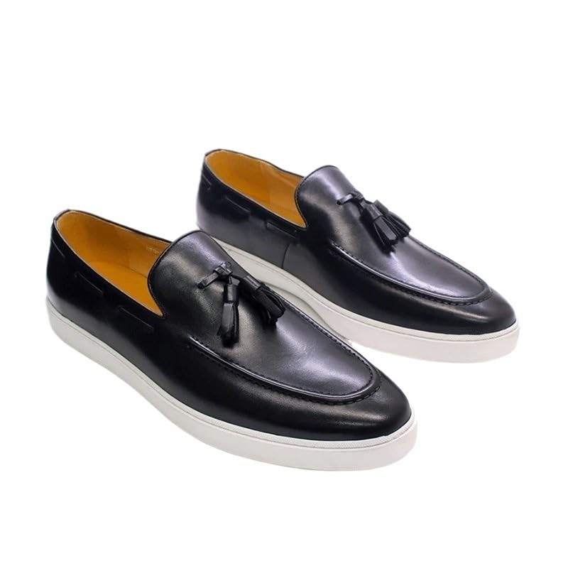 Handmade Mens Leather Shoes with Tassel Casual Slip on Formal Dress Classic White Soled Oxford Shoes for Male Non Slip Driving Footwear