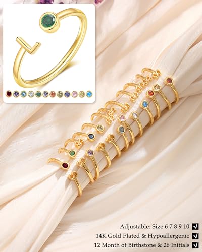 FUNEIA Initial Birthstone Rings for Women Non Tarnish Trendy Stackable Dainty Gold Letter Adjustable Emerald Green Cubic Zirconia Ring for Mothers Daughter Birthday Bridesmaid Gifts Jewelry4