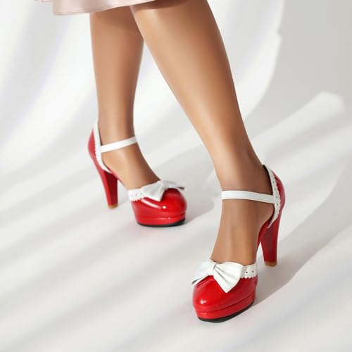 Image of ForeMode Fashion Women T-Strap High Heels Bow Platform Round Toe Pumps Leather Summer Sweet Shoes