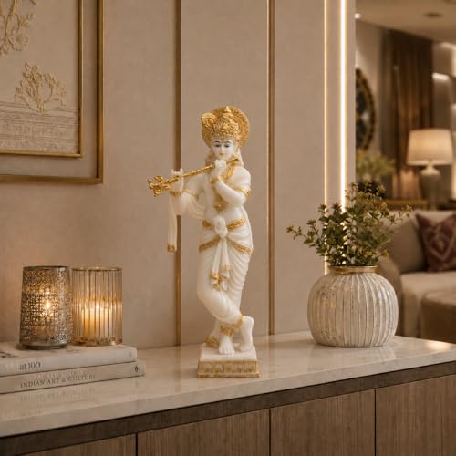 Image of ARMONIA Lord Krishna Idol Marble Dust Statue Murti |Krishana Sculpture for Home Decor,Pooja ghar,Mandir & Gifting Item |Best Gift for Wedding & Housewarming(14.9inch,White) (Include Microfiber Cloth)
