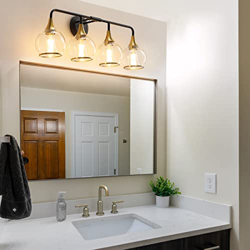 Image of Black and Gold Bathroom Vanity Light 4-Light Bathroom Vanity Light Fixtures Over Mirror with Clear Glass Shade 30.7 inch Wall Sconce Lighting Bath(Exclude E26 Bulb)
