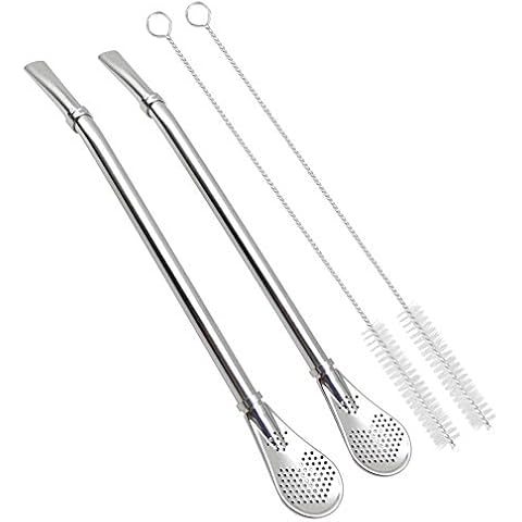 GFDesign Yerba Mate Bombilla Gourd Drinking Filter Straws Stirrer Food-Grade 18/8 Stainless Steel - Set of 2 with 2 Cleaning Brushes - 7.5 Inches Long Cover