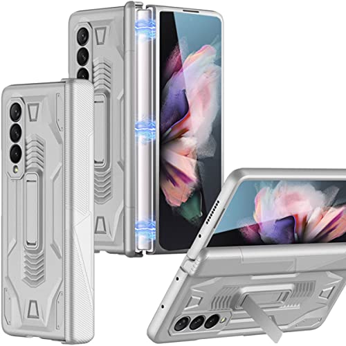 Coque pour Samsung Galaxy Z Fold 3 avec Protection de Charnière Magnétique et Béquille Intégrée,Protection Complète Antichoc à 360°, Ultra Fine Tout Compris Anti-Rayures Housse Etui(Argent) Cover