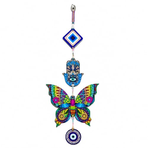 Image of Religious Door Hanging Decor with Pearl Beads & Tassel, Wooden Wall Hanging for Home Temple, Pooja Room, Entrance, Mandir Decoration & Spiritual Gift, Multicolor Butterfly