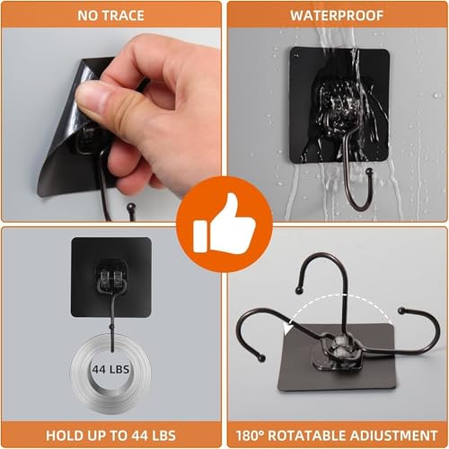 Image of CERLINK Black Large Adhesive Hooks for Wall Heavy Duty Waterproof Wall Hooks for Hanger Hooks, Stainless Steel Towel and Coats Wall Hook to Use Inside Kitchen, Bathroom, Home and Office Pack 5