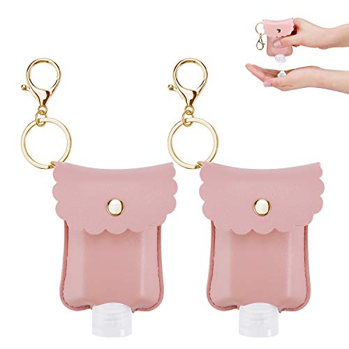 Empty Travel Size Bottle and Keychain Holder Travel Size Bottle Empty Hand Sanitizer Bottles Container Leak Proof for Toiletries, Shampoo, Liquid, Cosmetic Bottle  leather/2oz (Pink)