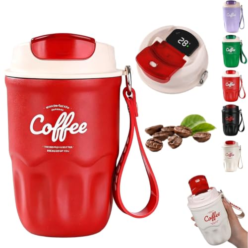 Coffee Vacuum Flask, Portable Coffee Cup with Lid & Handle, Intelligent Temperature Display, Stainless Steel Insulated Water Bottle, Travel Coffee Mug for Hot and Cold Drinks (Red)